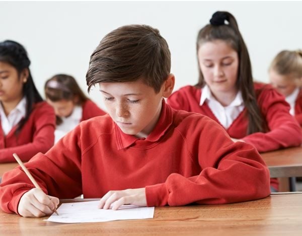 Child writing at school desk