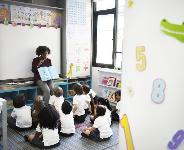 Kindergarten students sitting on the floor listening to teacher