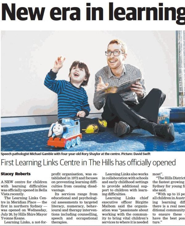 Hills Shire Times newsletter clipping about opening of Learning Links' Bella Vista centre