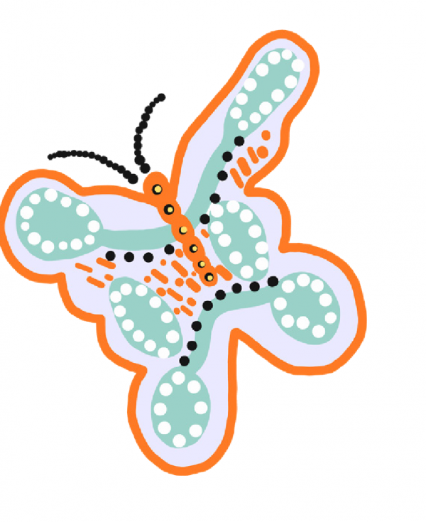 Orange and teal butterfly painting from Learning Links' Reconciliation Action Plan artwork