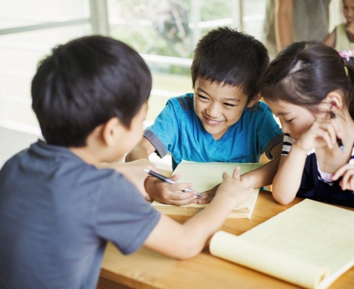 A group of children in a classroom, working together in social skills program, boys and girls.