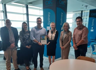 Learning Links team with CMC Marketing representative celebrating corporate partnership