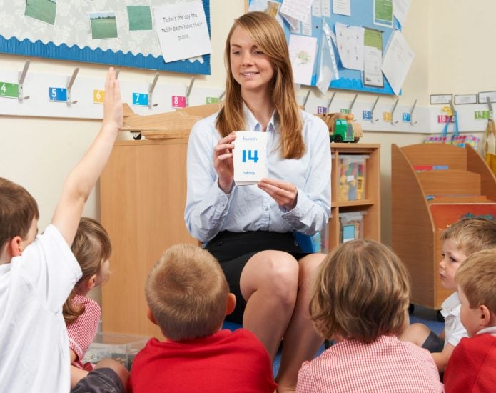 Teacher holding up flashcard with number 14 to students seated on floor