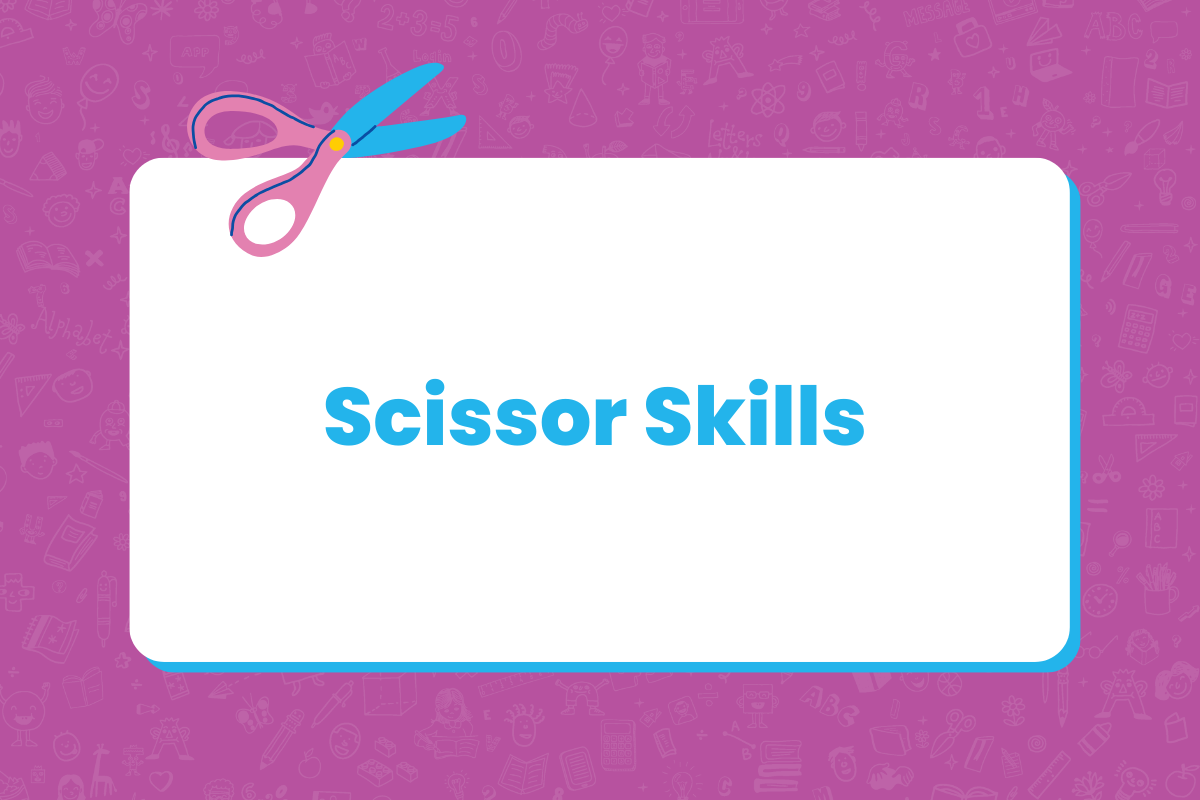 Magenta tile with illustration of scissors: Text reads: Scissor Skills