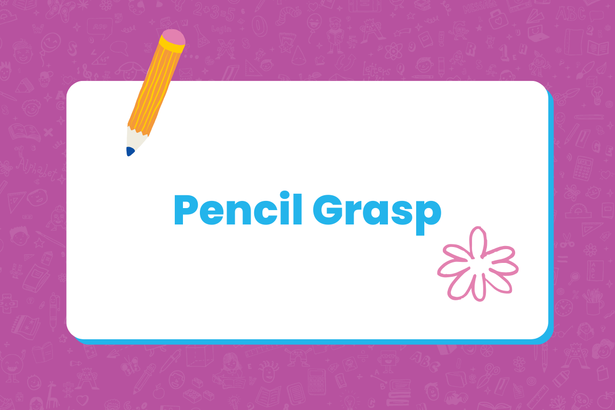 Magenta Tile with illustration of pencil. Text reads: Pencil Grasp