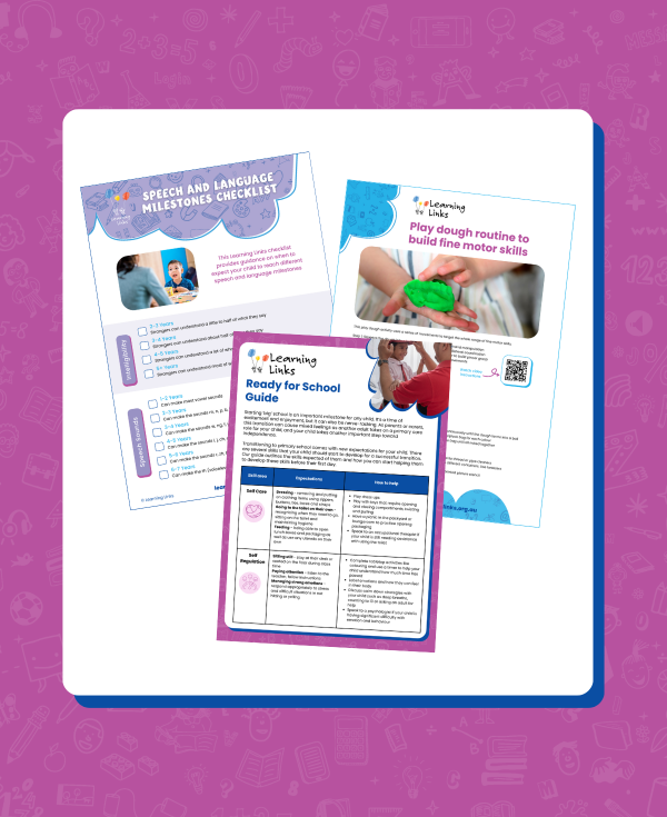 Magenta tile with sample pages of Learning Links Early Education Resources