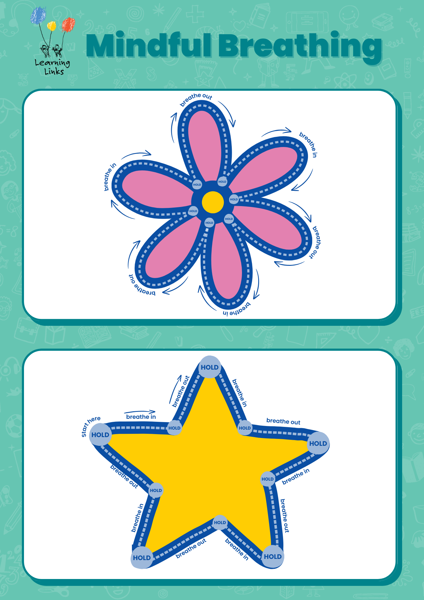Resource Sample Page showing flower and star shapes with arrows to trace finger while breathing
